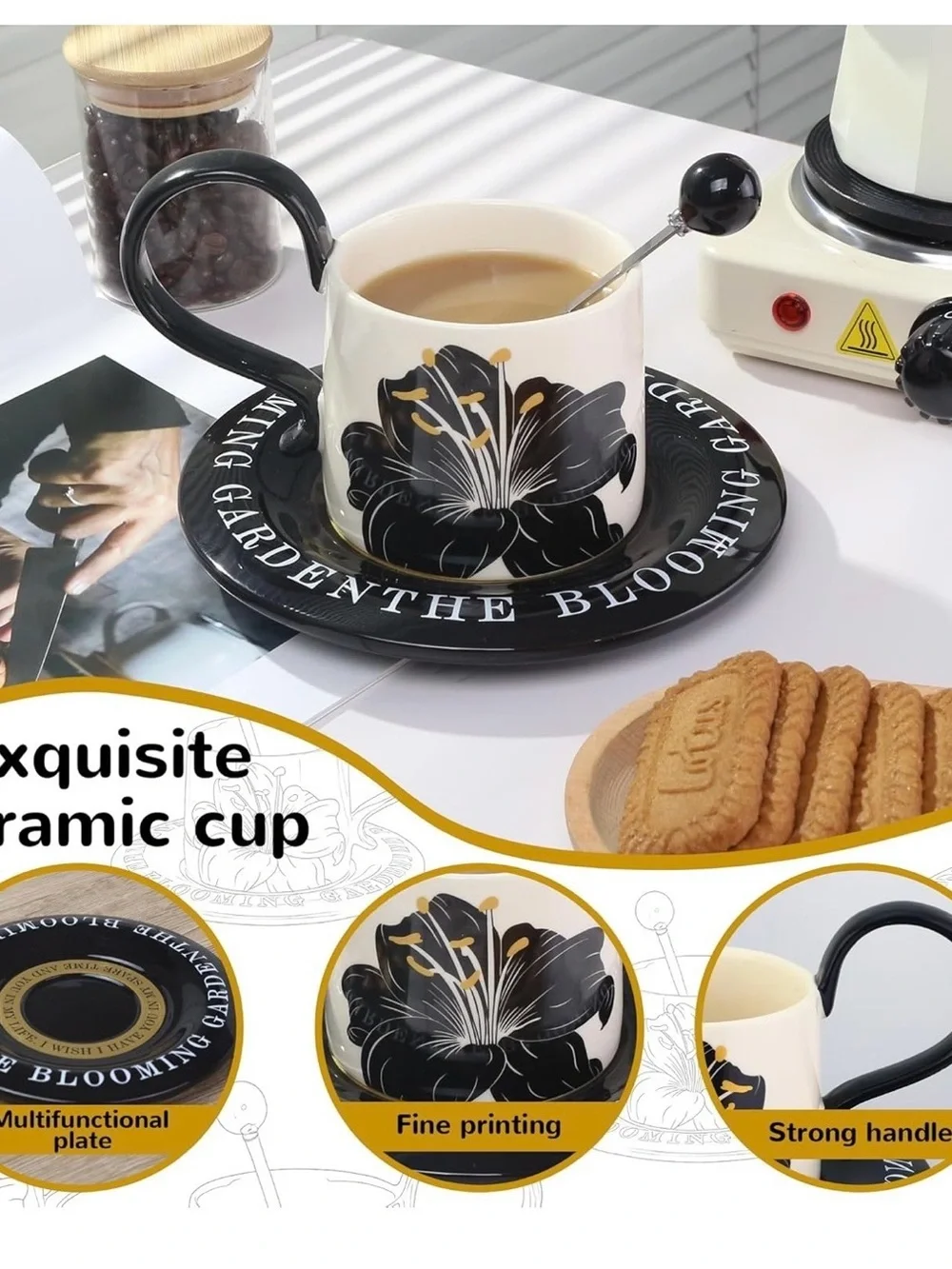 Ceramic Coffee Cup & Saucer Set - Black Floral, Three-Piece